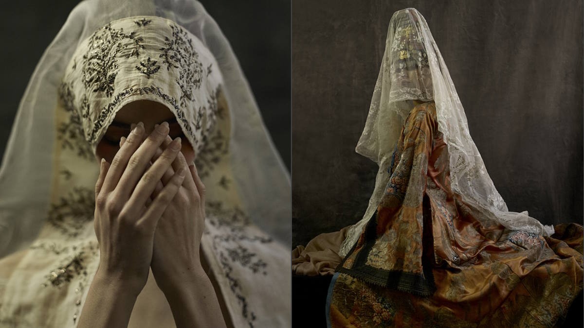 Photo: Vangelis Kyris | Right: Georgia, Overcoat: Brocade and gold embroidery thread; Head covering: White tulle | Gift of Rosa Abnershivili, Bat Yam. Model: Yana Romano for inch; Left: Jerusalem, Head covering for candle lighting, 19th century. Cotton net embroidered with metal bits. Gift Rachel Ziona Segal, United States. Model: Anna Guttmann for MC2