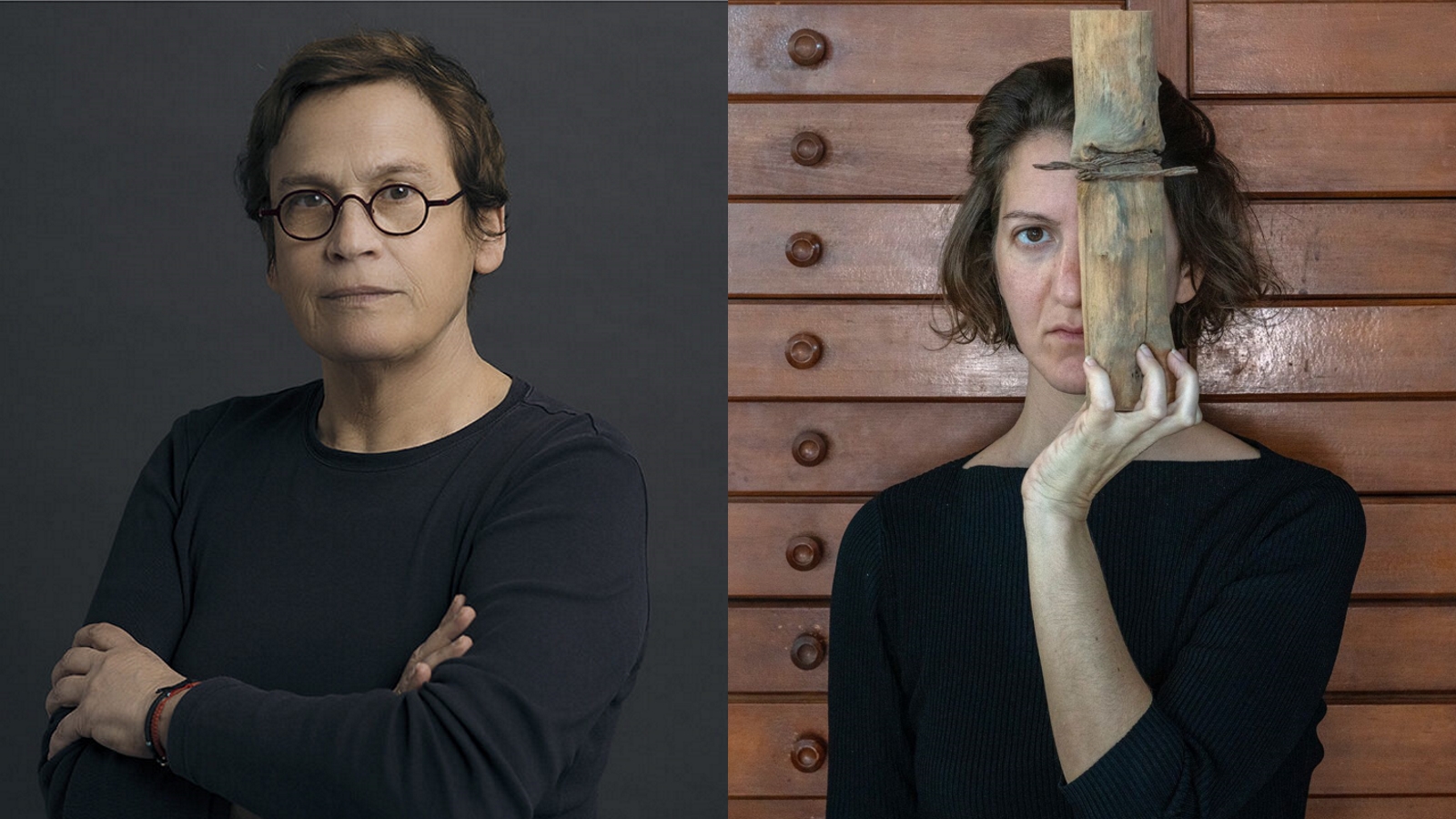 ימין: מיכל בראור, דיוקן עצמי; שמאל: ורדי כהנא, דיוקן עצמי