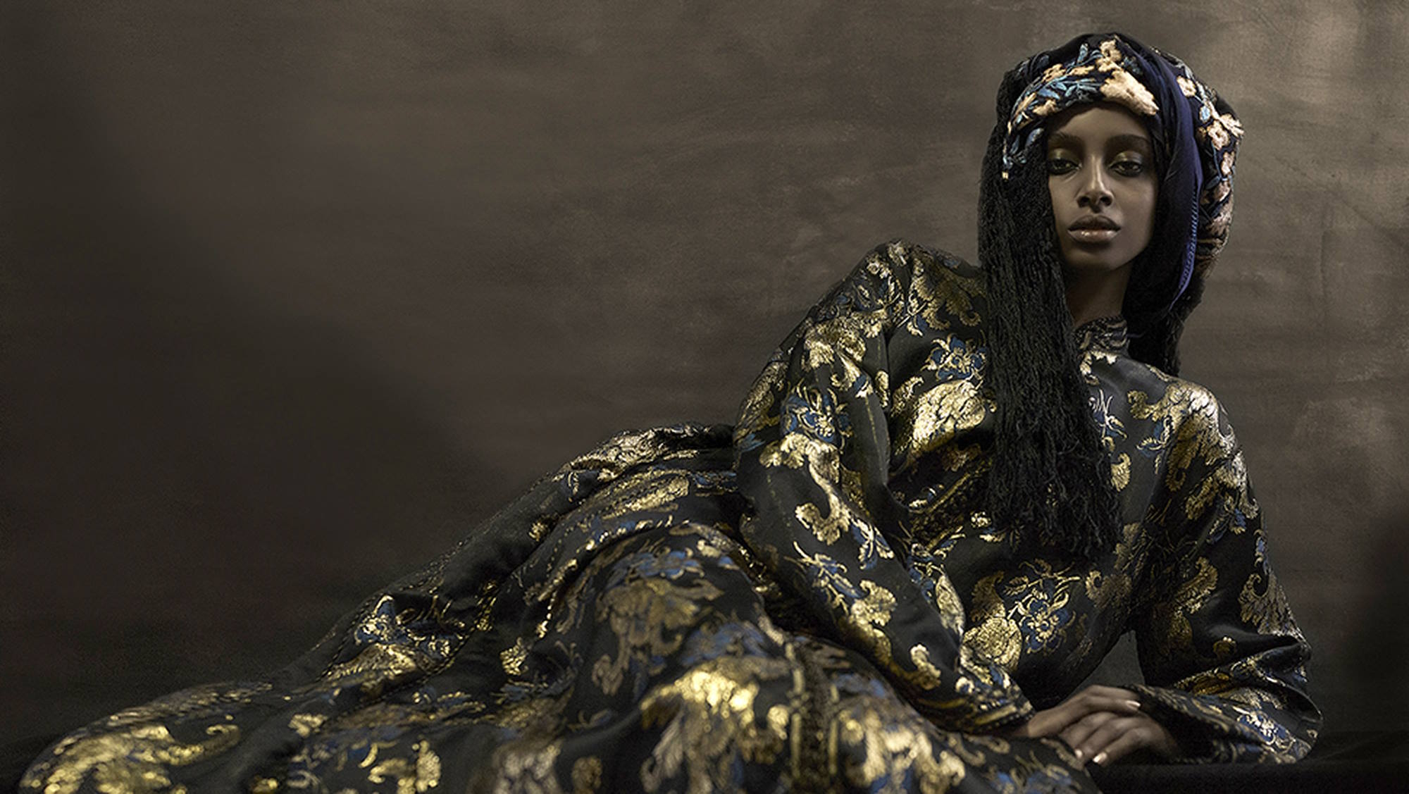 Photo: Vangelis Kyris | Kaftan, Morocco, first half of 20th century; brocade and hand-knit buttons. Headscarf, Morocco, first half of 20th century; silk and silk thread | Model: Shalev Melasa for Yuli