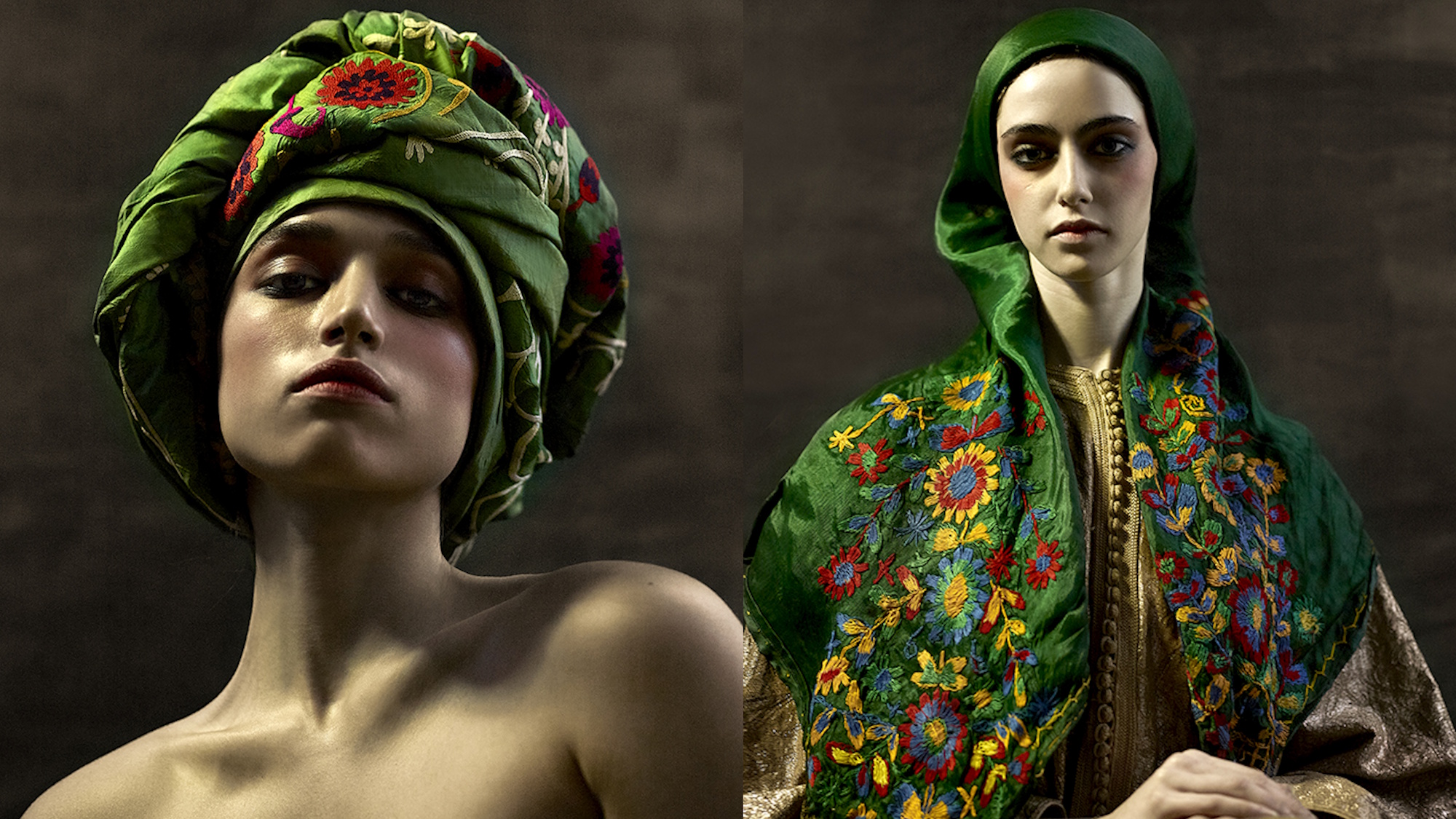 ימין: שמלה בגזרת כפתן, מרוקו, המחצית הראשונה של המאה ה־ 20;  מטפחת ראש, צפון אפריקה, המחצית הראשונה של המאה ה־ 20 | שמאל: יריעה ששימשה כיסוי למיטה, אסיה התיכונה, המאה ה־ 20 | צילום: ונגליס קיריס