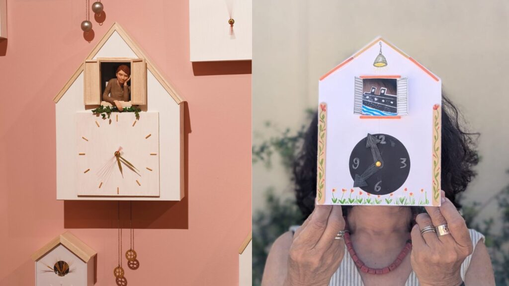 סדנת יצירה שעוני קוקייה וסיור בתערוכה שווה לחכות. תמונה- צד ימין - צילום: נוף הררי; צד שמאל - צילום: אבי אמסלם