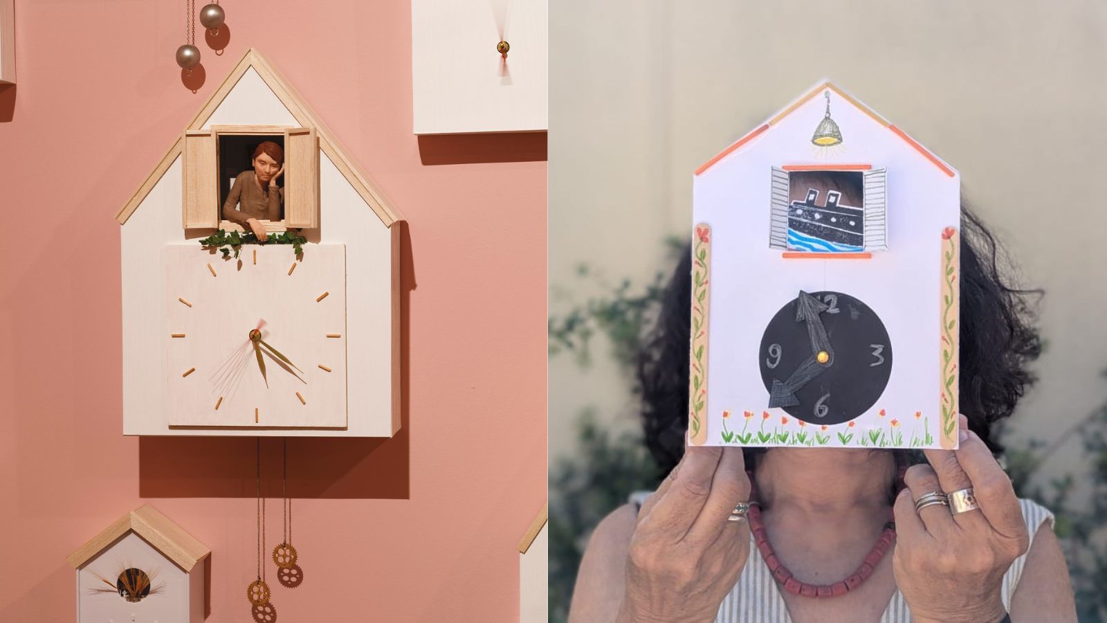 סדנת יצירה שעוני קוקייה וסיור בתערוכה שווה לחכות. תמונה: צד ימין - צילום: נוף הררי; צד שמאל - צילום: אבי אמסלם